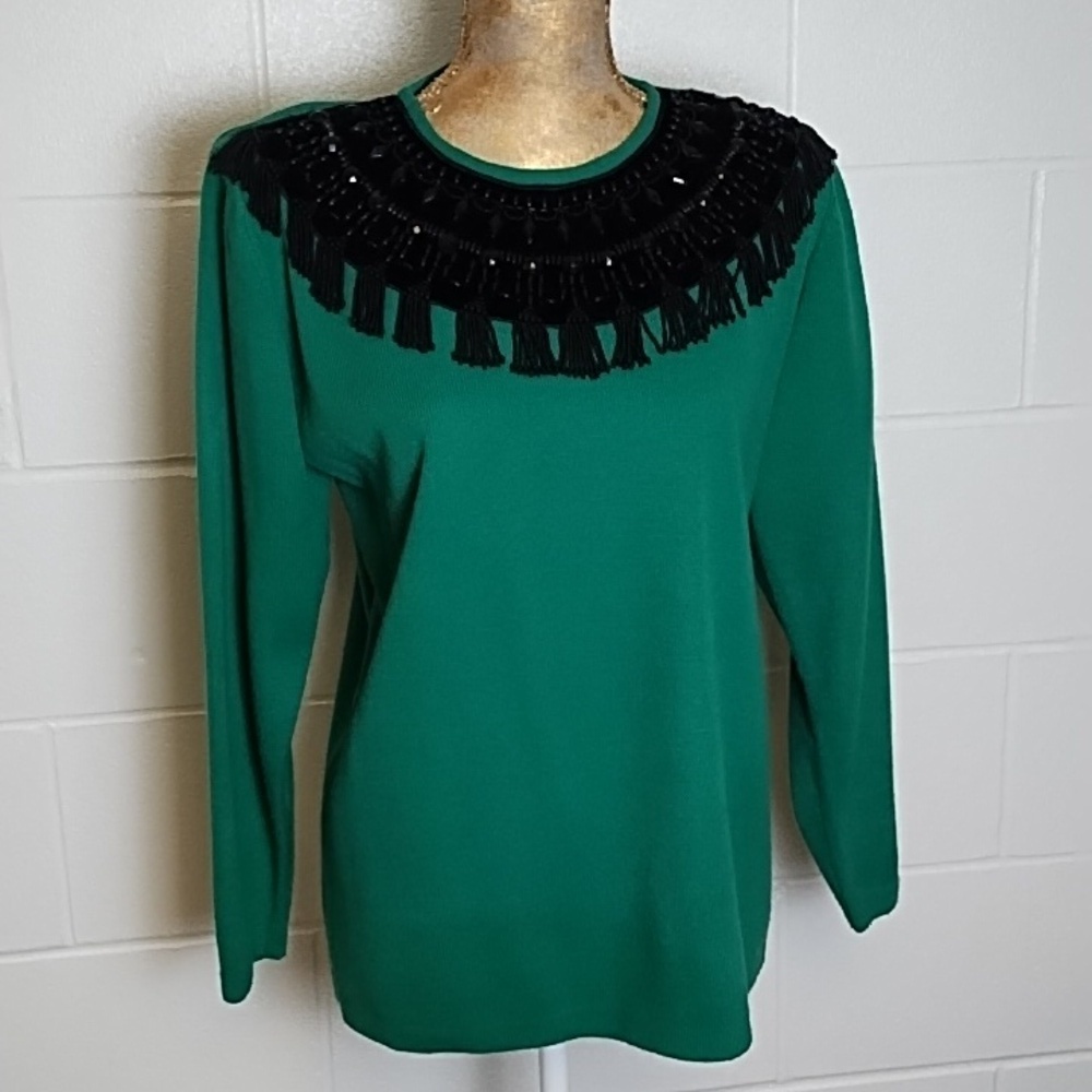 Vintage Regency By Joyce True Green Sweater Beading on Black Velvet Neckline